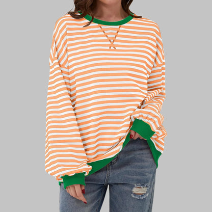 Women's striped oversized long-sleeve tee shirt style sweatshirt with crewneck – Light Orange