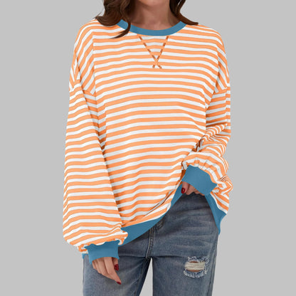 Women's striped oversized long-sleeve tee shirt style sweatshirt with crewneck – Orange