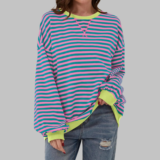 Women's striped oversized long-sleeve tee shirt style sweatshirt with crewneck – Pink