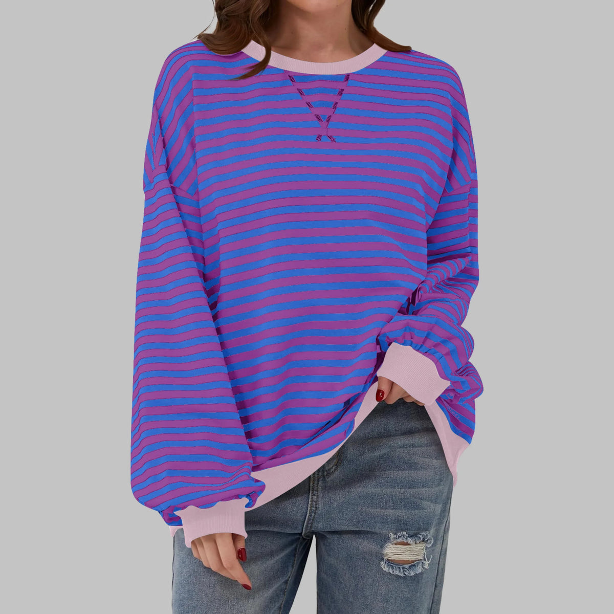 Women's striped oversized long-sleeve tee shirt style sweatshirt with crewneck – Purple
