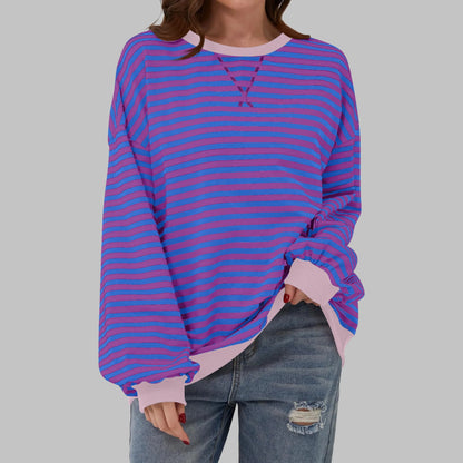 Women's striped oversized long-sleeve tee shirt style sweatshirt with crewneck – Purple