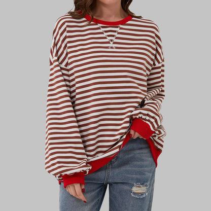 Women's striped oversized long-sleeve tee shirt style sweatshirt with crewneck – Red