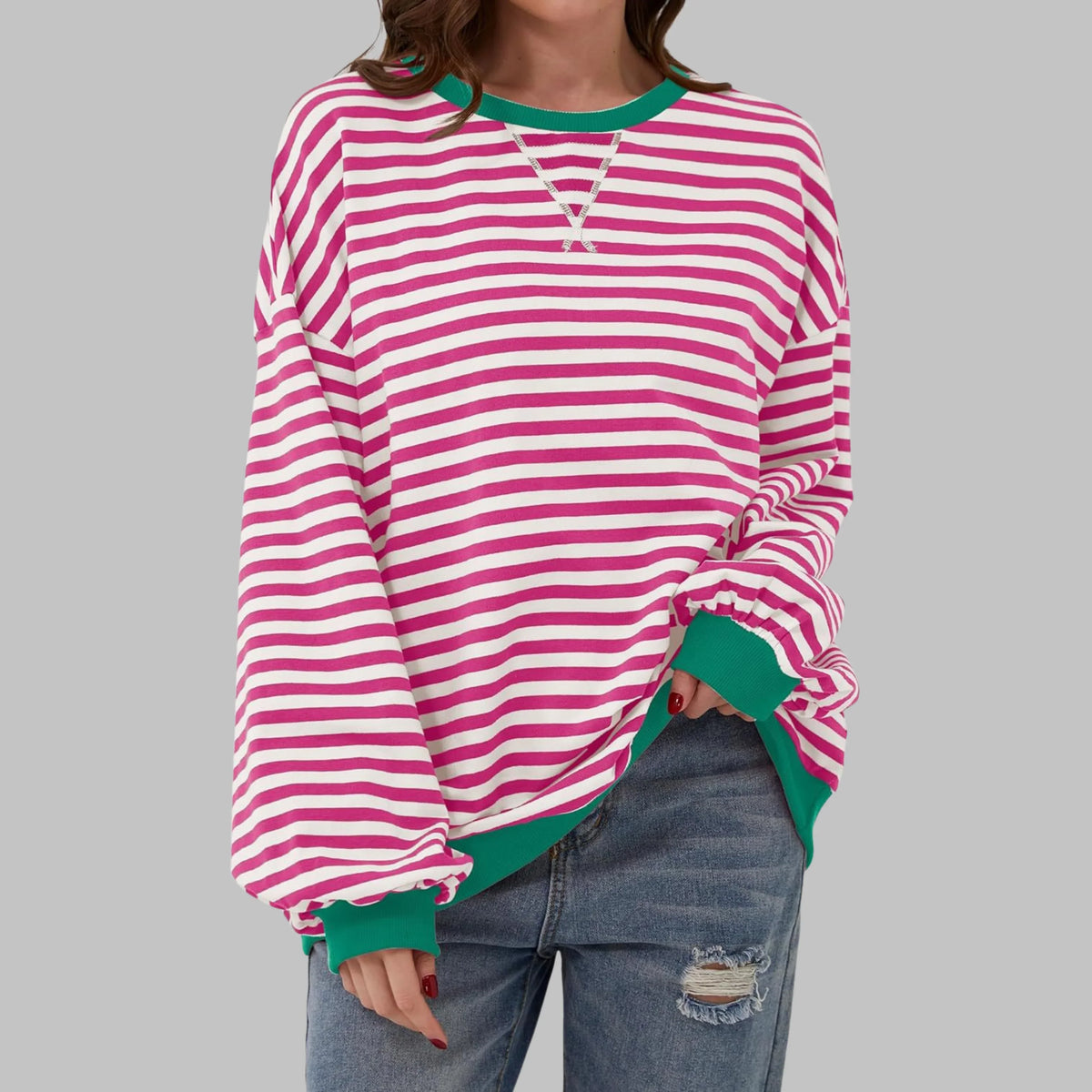 Women's striped oversized long-sleeve tee shirt style sweatshirt with crewneck – Rose Red