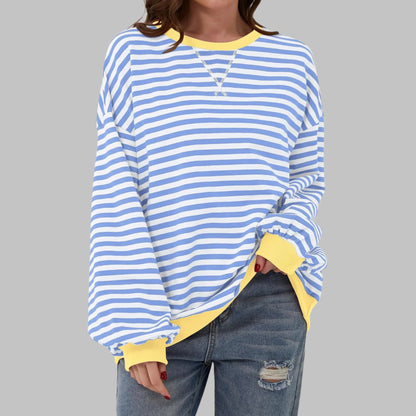 Women's striped oversized long-sleeve tee shirt style sweatshirt with crewneck – Sky Blue
