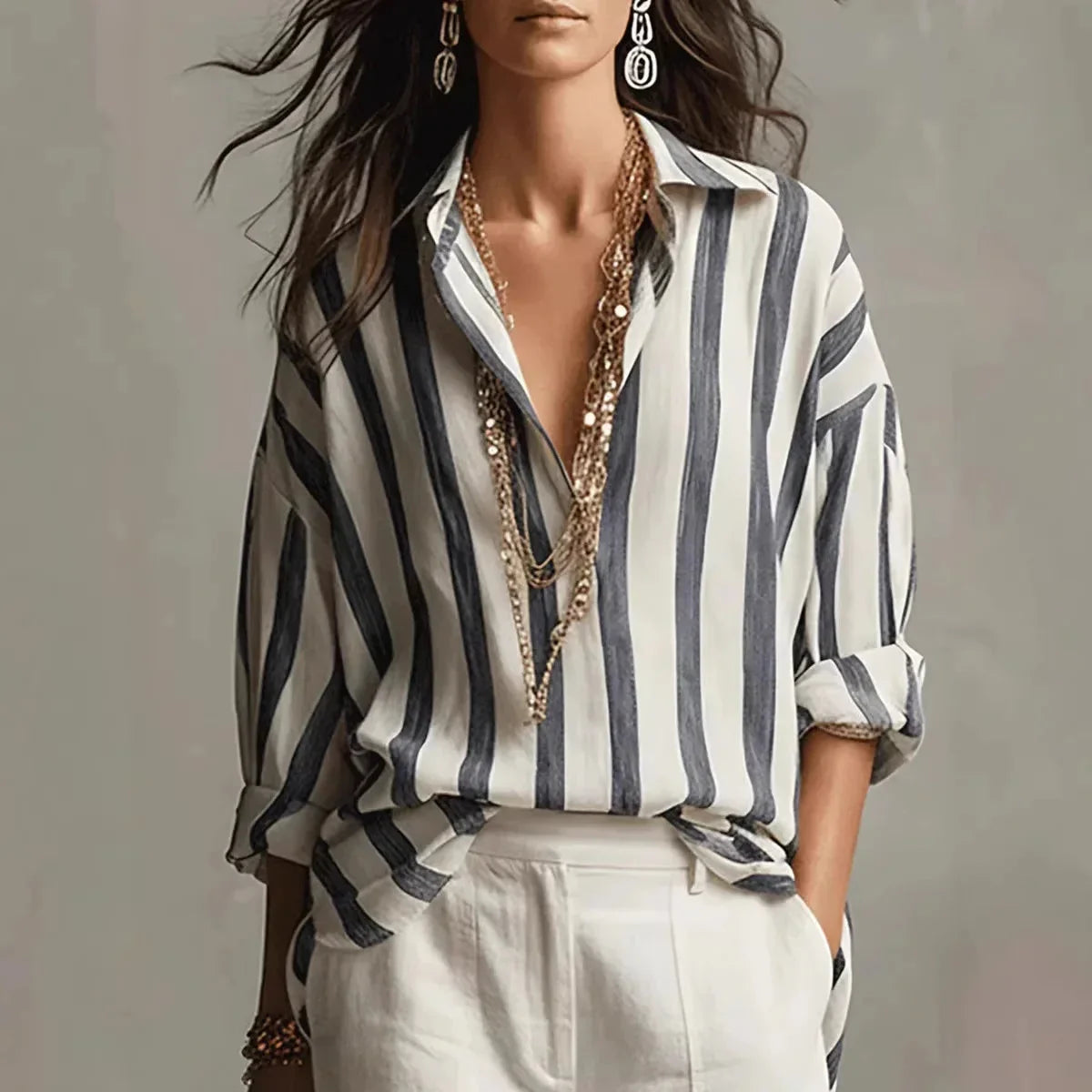 Women's striped shirt with long-sleeve button-down relaxed-fit design – Black