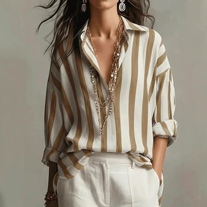Women's striped shirt with long-sleeve button-down relaxed-fit design – Brown