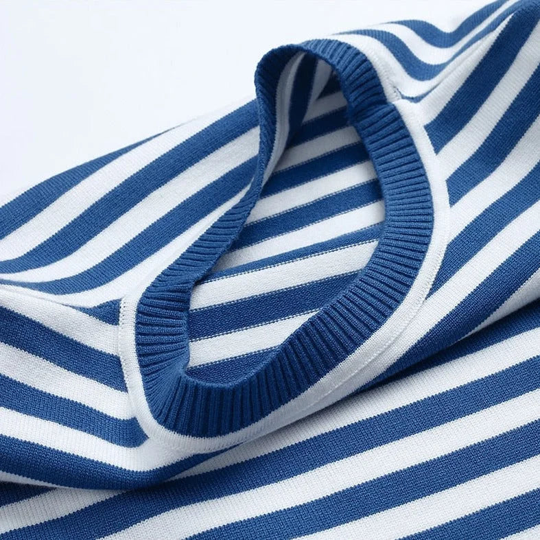 Women's striped summer long-sleeve tee shirt with relaxed crew-neck