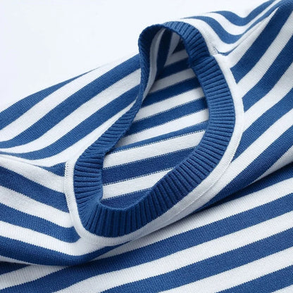 Women's striped summer long-sleeve tee shirt with relaxed crew-neck