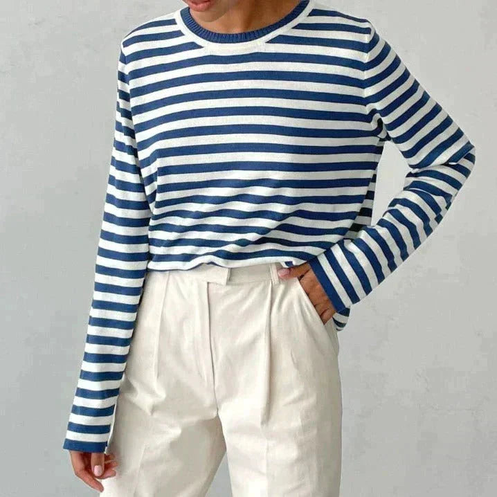 Women's striped summer long-sleeve tee shirt with relaxed crew-neck