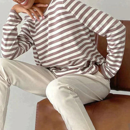 Women's striped summer long-sleeve tee shirt with relaxed crew-neck
