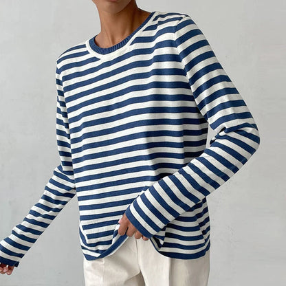 Women's striped summer long-sleeve tee shirt with relaxed crew-neck – Blue