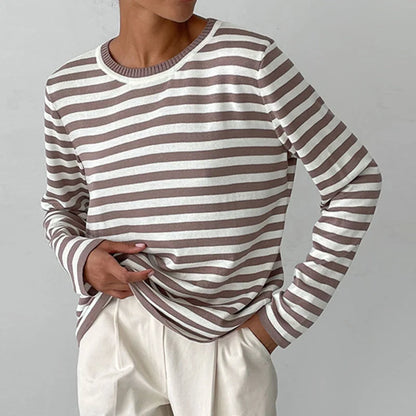 Women's striped summer long-sleeve tee shirt with relaxed crew-neck – Brown