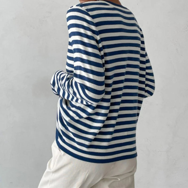 Women's striped summer long-sleeve tee shirt with relaxed crew-neck
