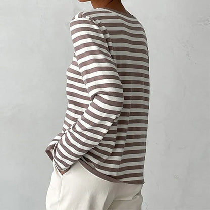 Women's striped summer long-sleeve tee shirt with relaxed crew-neck