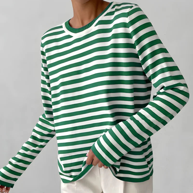 Women's striped summer long-sleeve tee shirt with relaxed crew-neck – Green