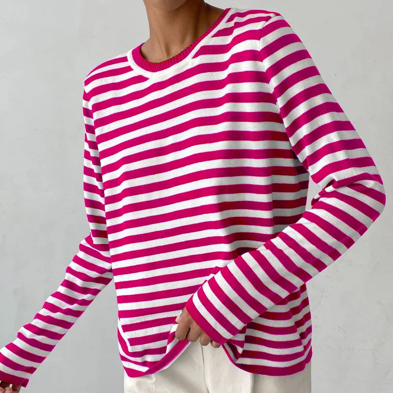 Women's striped summer long-sleeve tee shirt with relaxed crew-neck – Pink