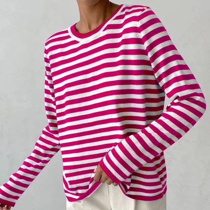 Women's striped summer long-sleeve tee shirt with relaxed crew-neck – Pink