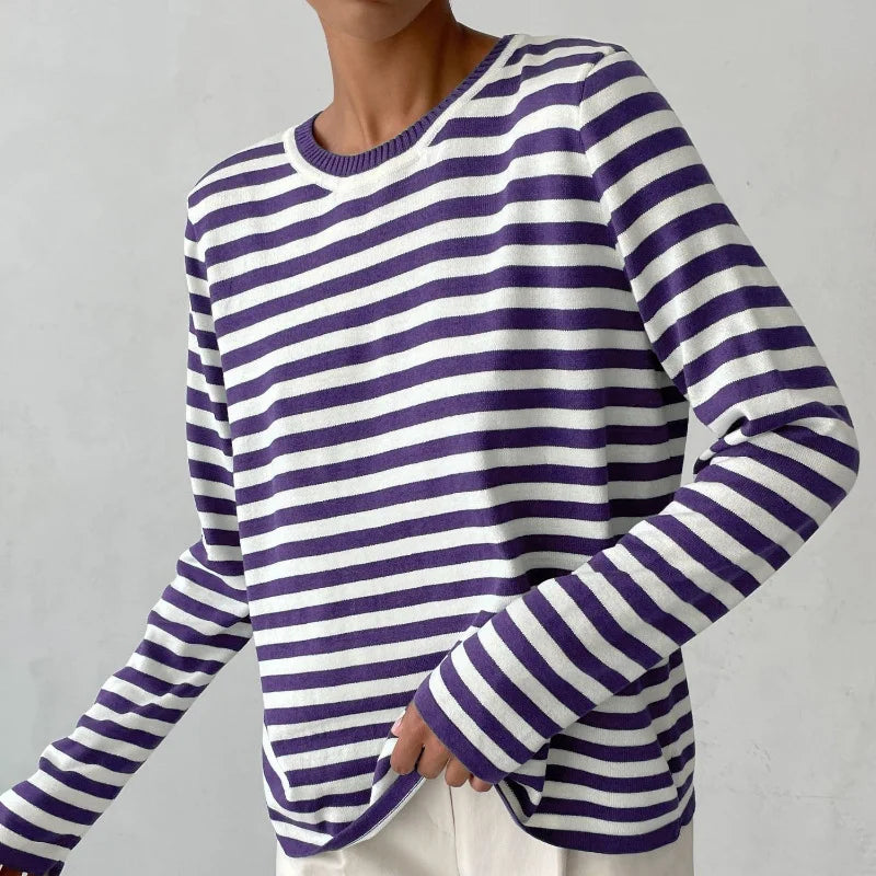 Women's striped summer long-sleeve tee shirt with relaxed crew-neck – Purple