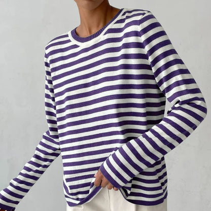 Women's striped summer long-sleeve tee shirt with relaxed crew-neck – Purple