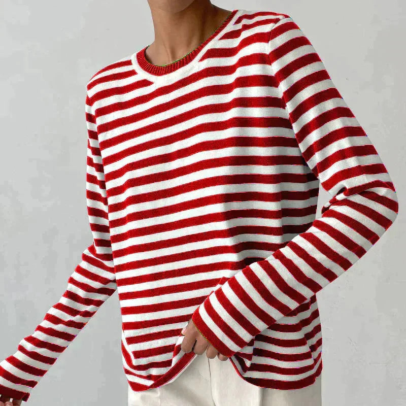 Women's striped summer long-sleeve tee shirt with relaxed crew-neck – Red
