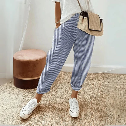 Women's striped wide leg pants with elasticated waist and tapered ankle – Blue