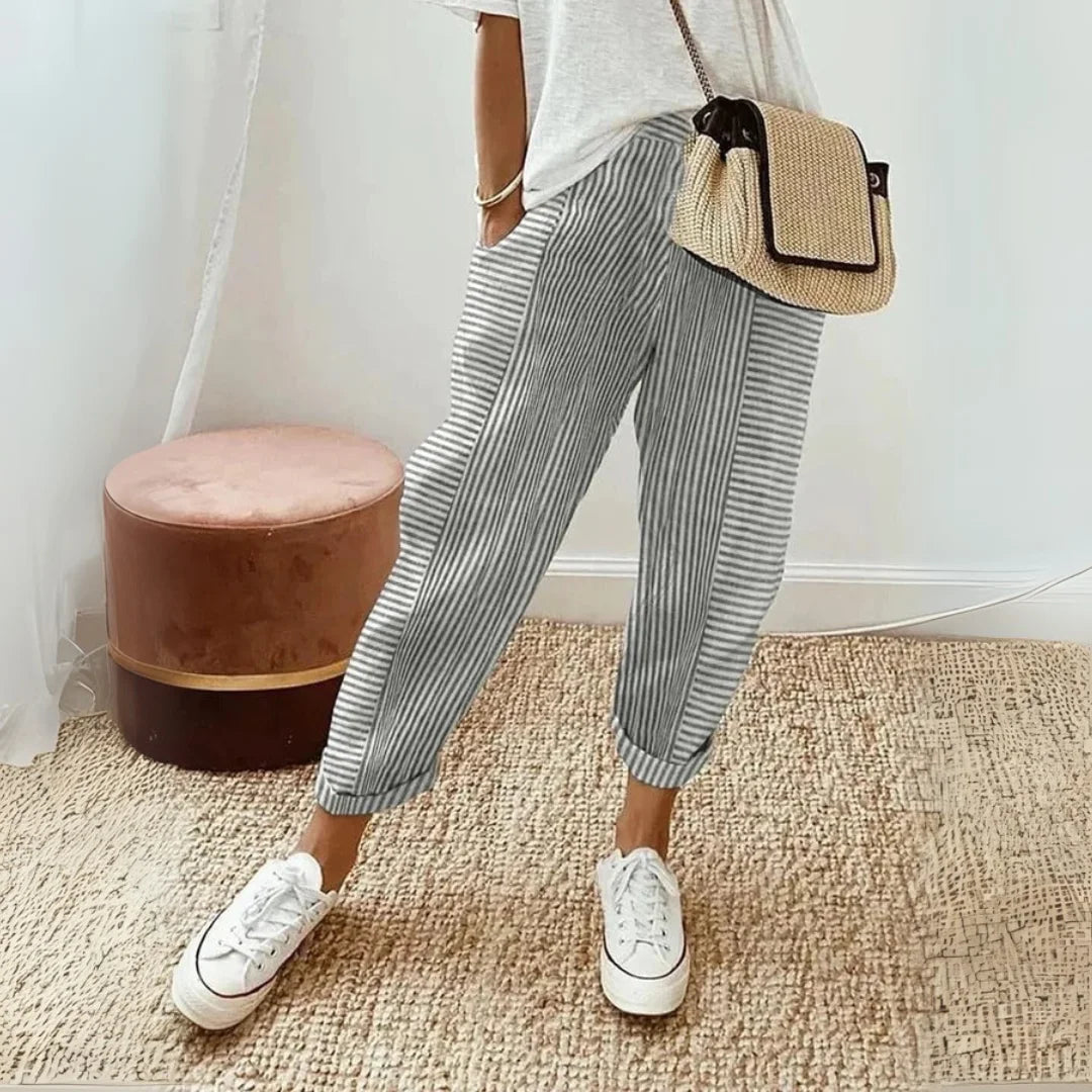 Women's striped wide leg pants with elasticated waist and tapered ankle – Grey