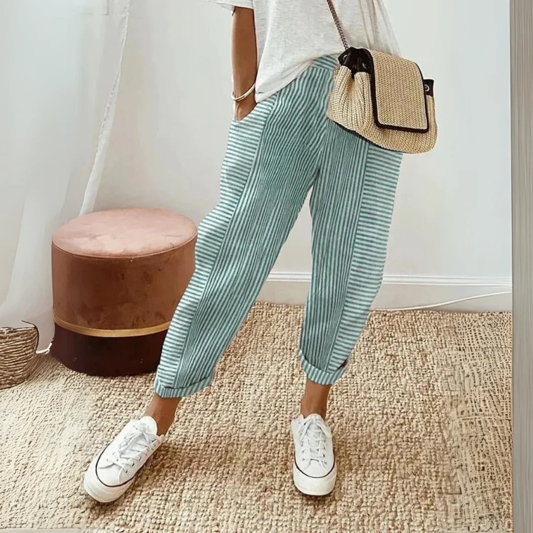 Women's striped wide leg pants with elasticated waist and tapered ankle – Green