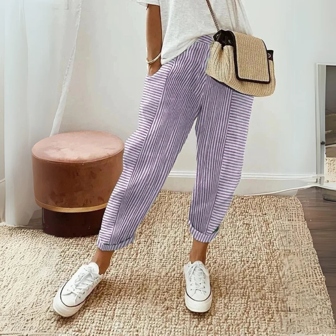 Women's striped wide leg pants with elasticated waist and tapered ankle – Purple