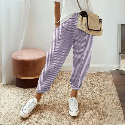 Women's striped wide leg pants with elasticated waist and tapered ankle – Purple
