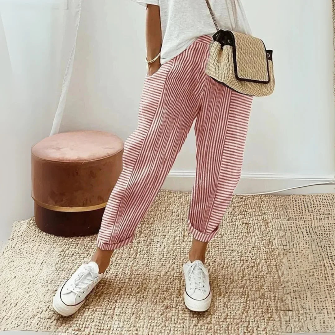 Women's striped wide leg pants with elasticated waist and tapered ankle – Red