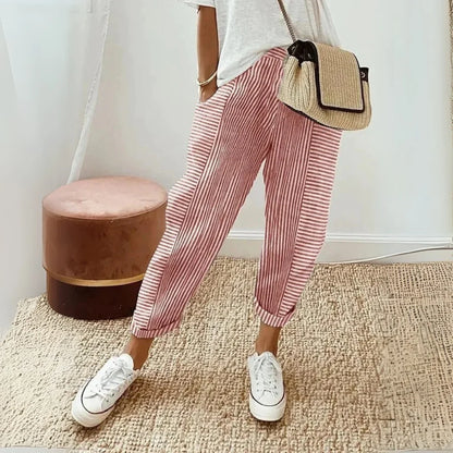 Women's striped wide leg pants with elasticated waist and tapered ankle – Red