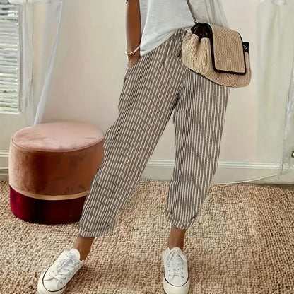 Women's striped wide leg pants with elasticated waist and tapered ankle – White