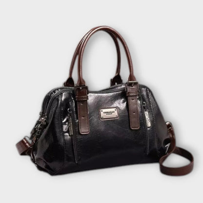 Women's structured faux leather handbag with top handles and zip pockets – Black