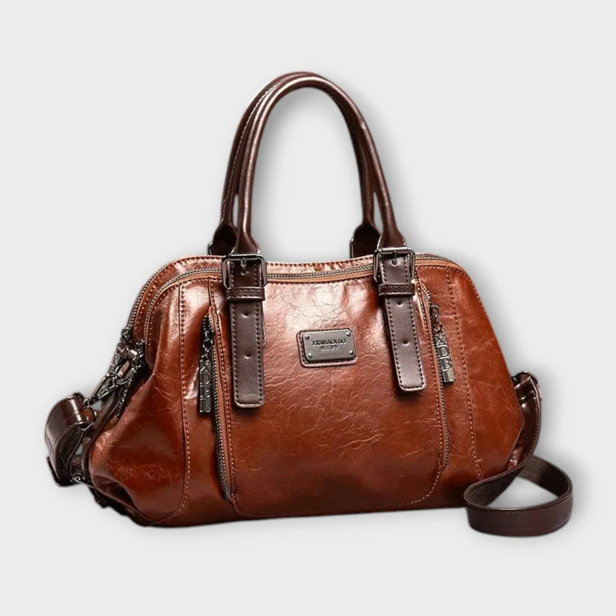 Women's structured faux leather handbag with top handles and zip pockets – Brown