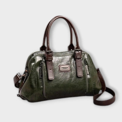 Women's structured faux leather handbag with top handles and zip pockets – Green
