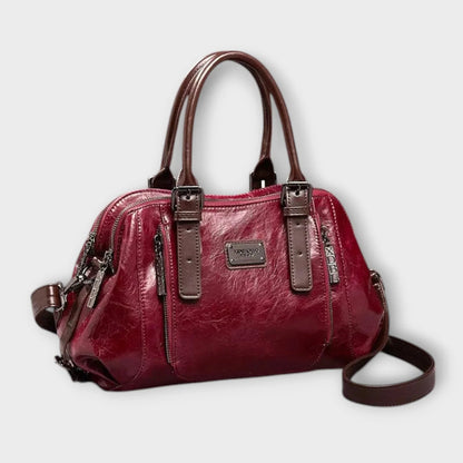 Women's structured faux leather handbag with top handles and zip pockets – Red