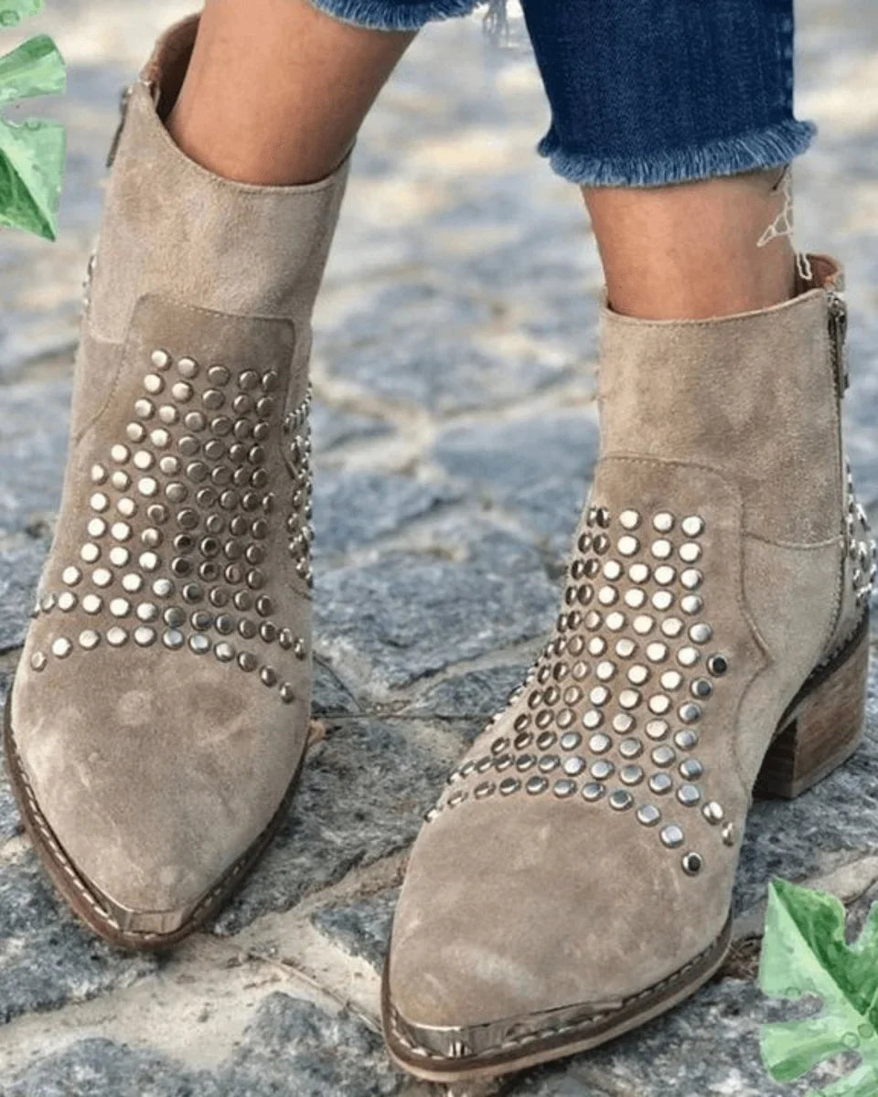 Women's studded suede side-zip block-heel ankle boots – Beige