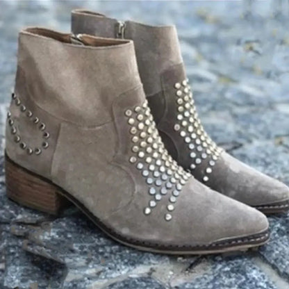 Women's studded suede side-zip block-heel ankle boots – Beige