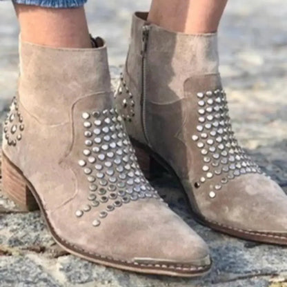 Women's studded suede side-zip block-heel ankle boots – Beige