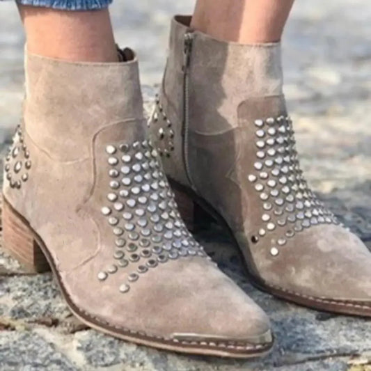 Women's studded suede side-zip block-heel ankle boots – Beige