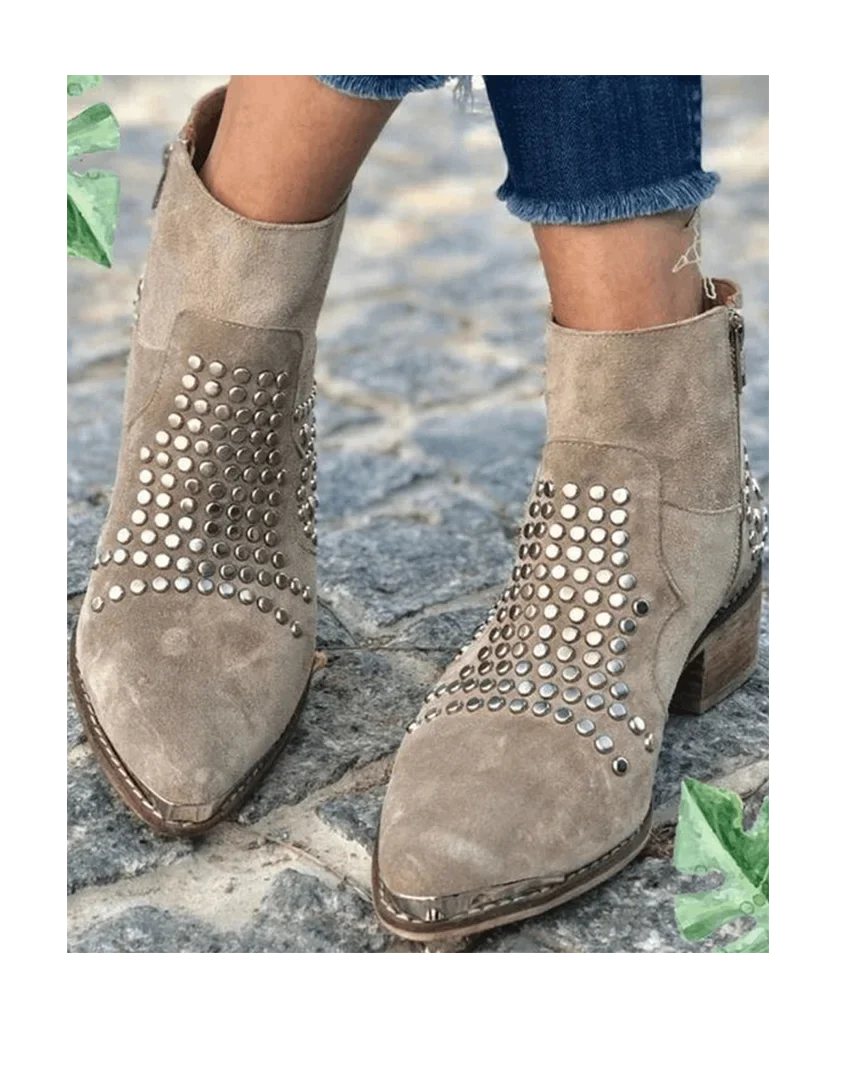 Women's studded suede western ankle boots with side-zip pointed-toe block-heel – Grey