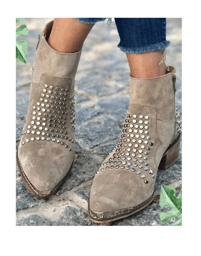 Women's studded suede western ankle boots with side-zip pointed-toe block-heel – Grey