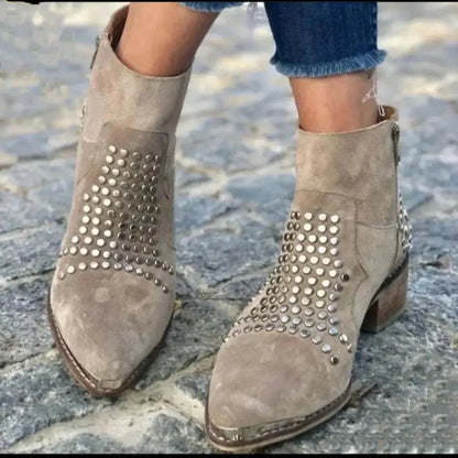 Women's studded suede western ankle boots with side-zip pointed-toe block-heel – Grey