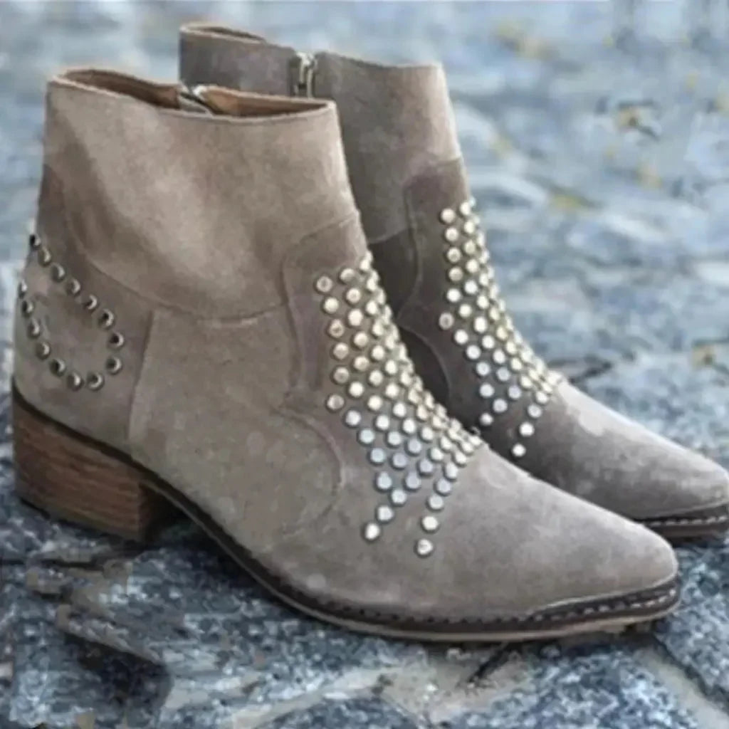 Women's studded suede western ankle boots with side-zip pointed-toe block-heel – Grey