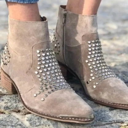 Women's studded suede western ankle boots with side-zip pointed-toe block-heel – Grey