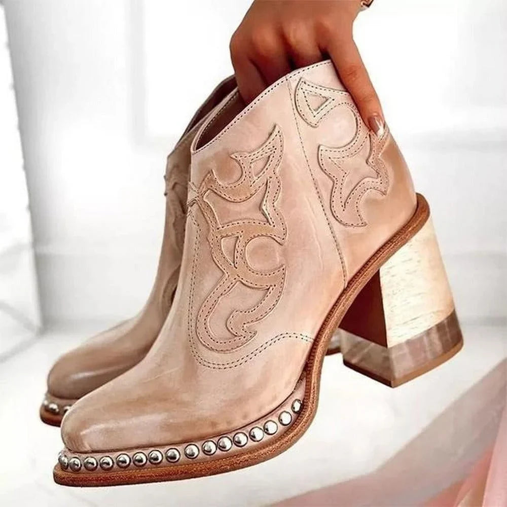Women's studded western embroidered mule boots with chunky block heel