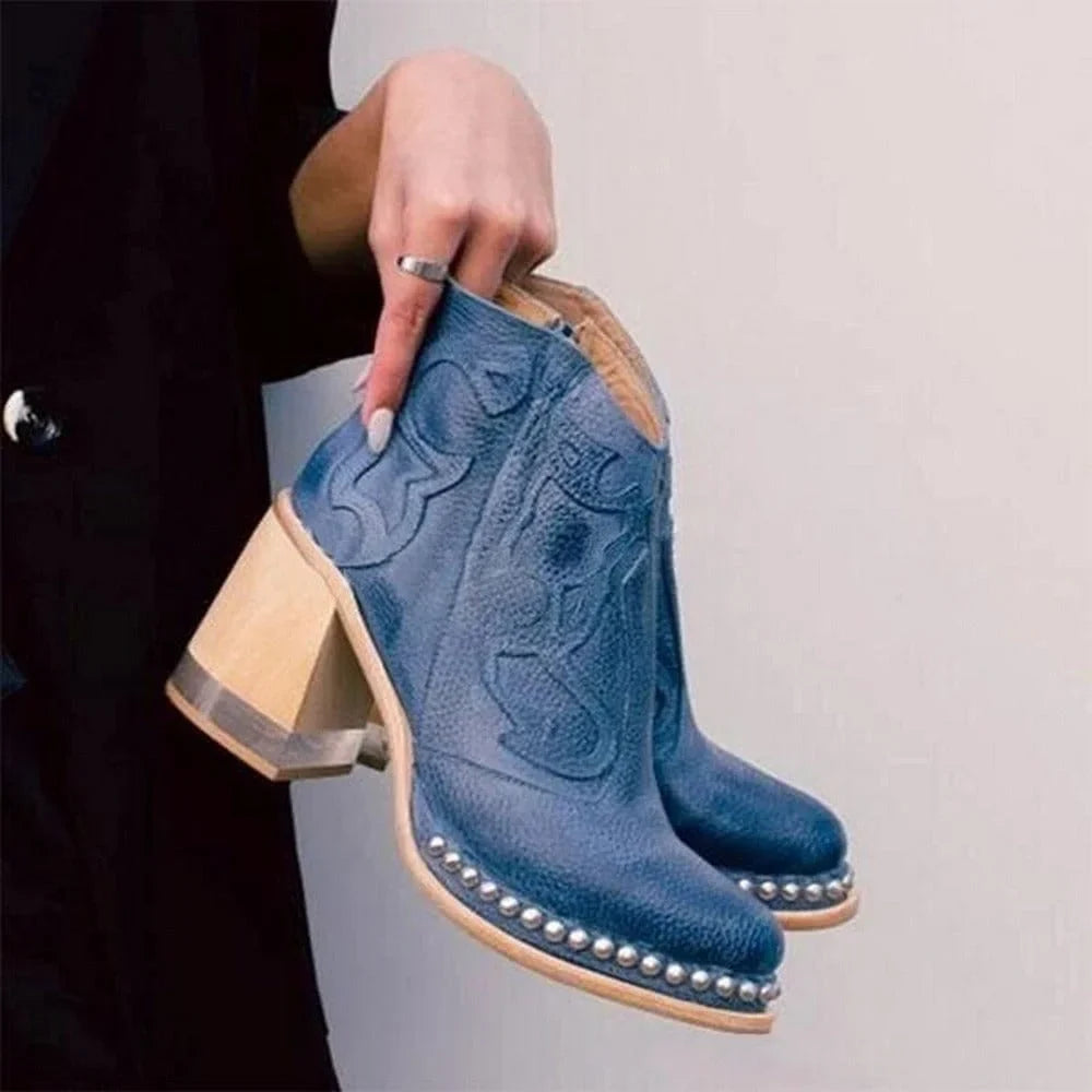 Women's studded western embroidered mule boots with chunky block heel – Capri Blue