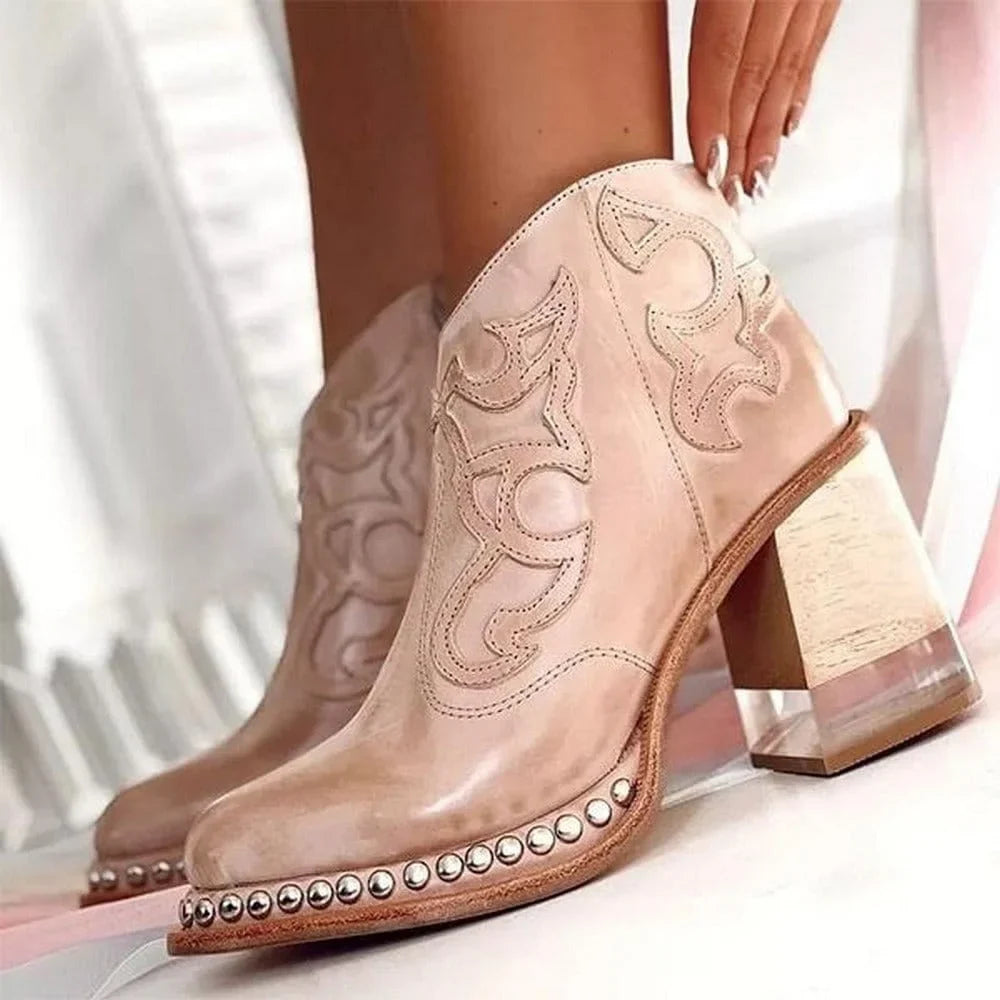 Women's studded western embroidered mule boots with chunky block heel – Dune Pink