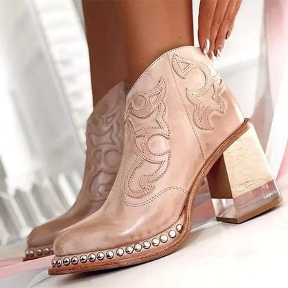 Women's studded western embroidered mule boots with chunky block heel – Dune Pink