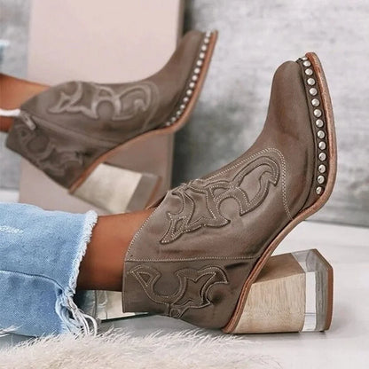 Women's studded western embroidered mule boots with chunky block heel – Texan Brown